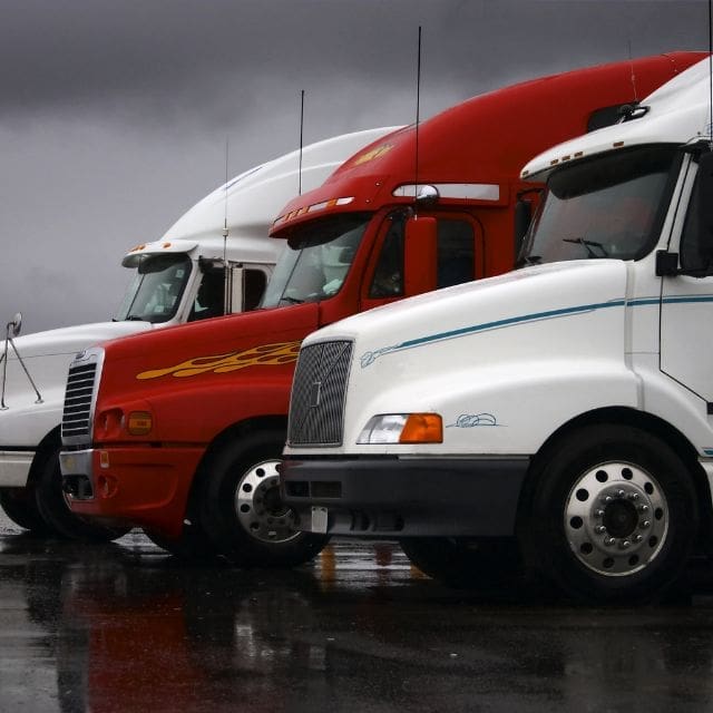 a row of semi trucks parked on a wet road