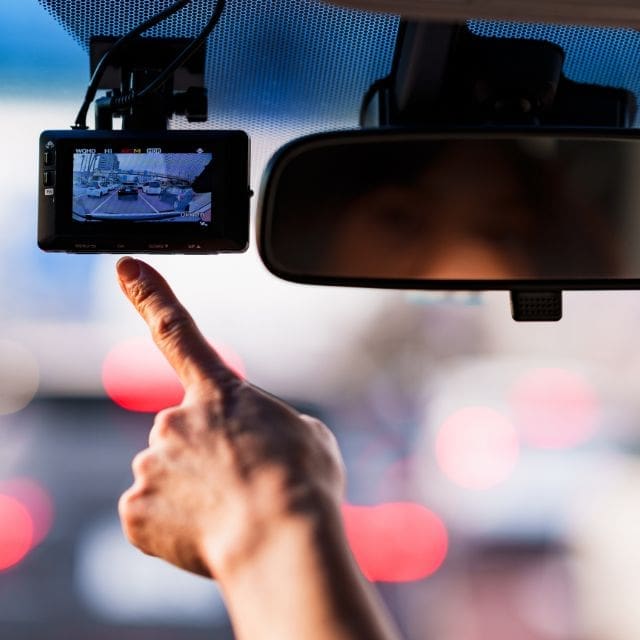 woman pointing to the car dashcam